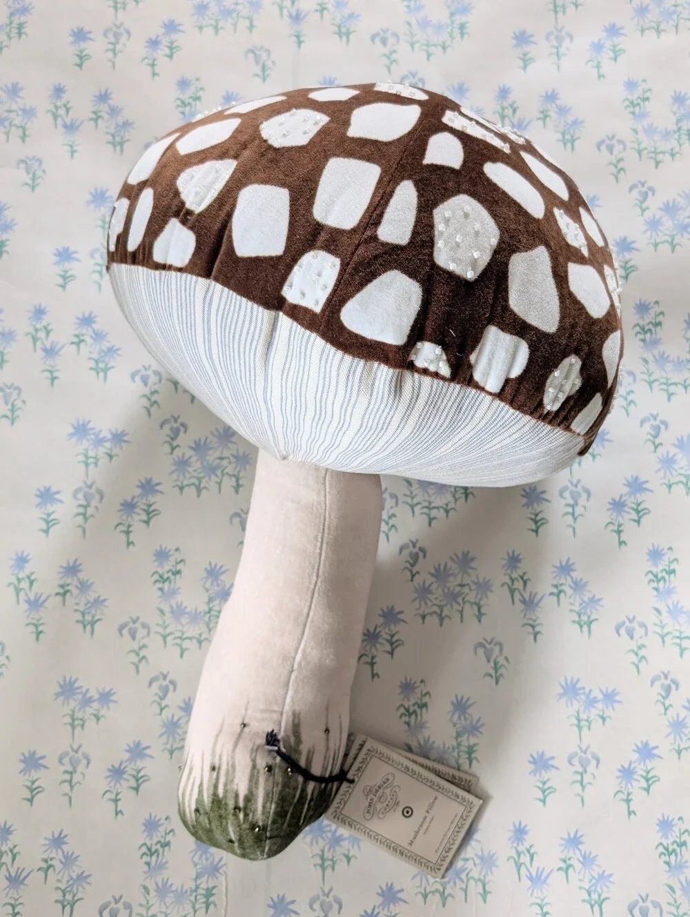 John Derian Brown Mushroom Decorative Throw Pillow NEW Beaded Velvet Farmhouse